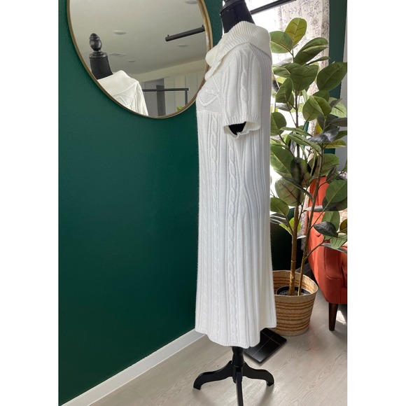 Dressbarn Cable Knit Sweater Dress Womens 14 White Short Sleeve Button Cowl Neck - Picture 2 of 10